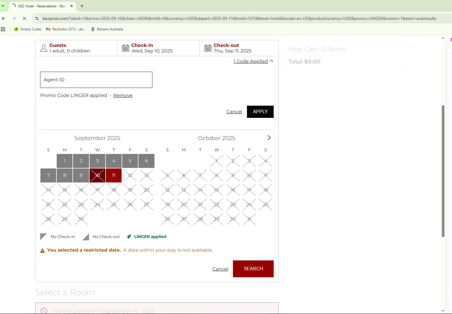USC Hotel checkout page showing USC Hotel promo code box | Screenshot taken by SimplyCodes community member on Sep 10, 2025
