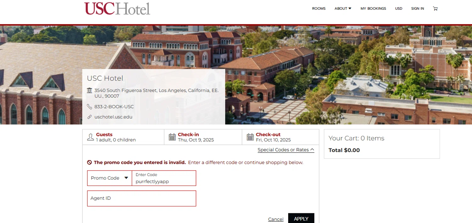 USC Hotel promo code screenshot showing code LINGER applied at USC Hotel checkout page. Uploaded by SimplyCodes community member Woskal on Oct 9, 2025