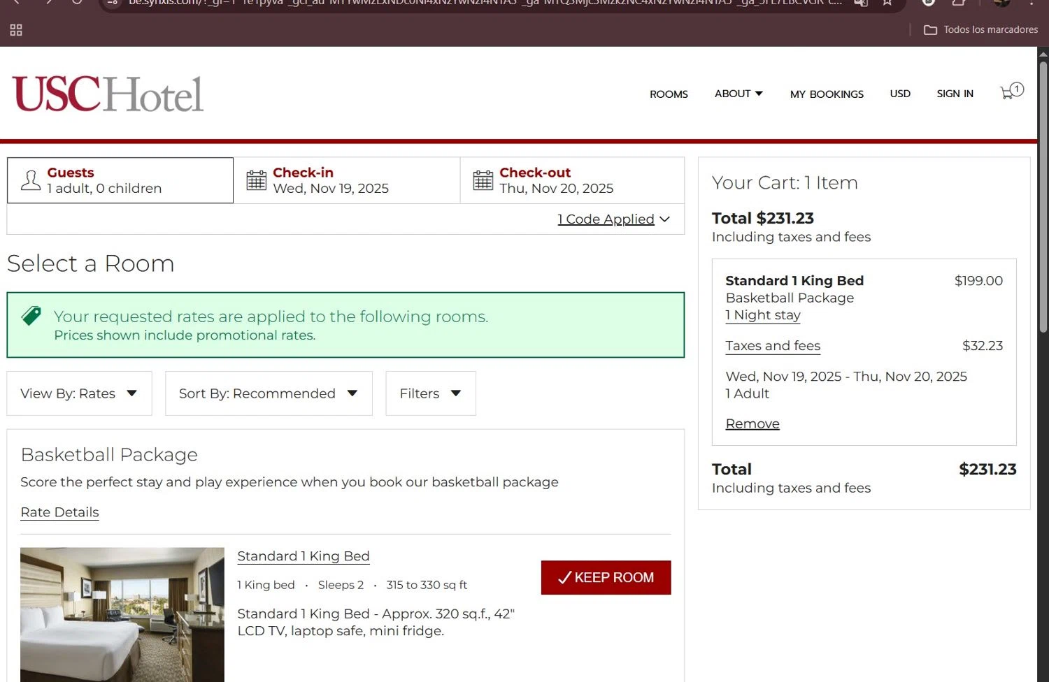 USC Hotel promo code screenshot showing code BBALL applied at USC Hotel checkout page. Uploaded by SimplyCodes community member Milaya on Oct 17, 2025