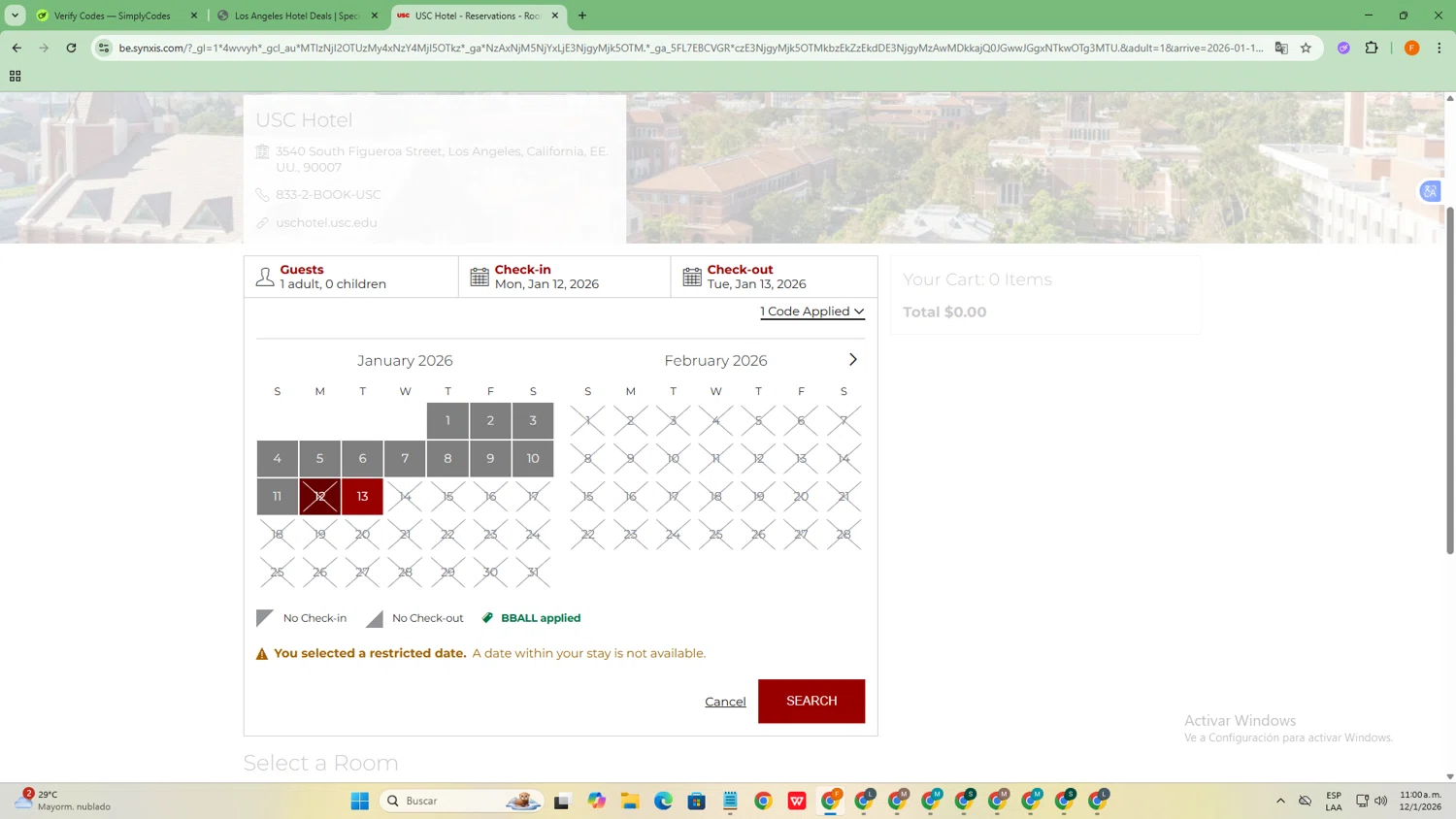 USC Hotel checkout page showing USC Hotel promo code box | Screenshot taken by SimplyCodes community member on Jan 12, 2026