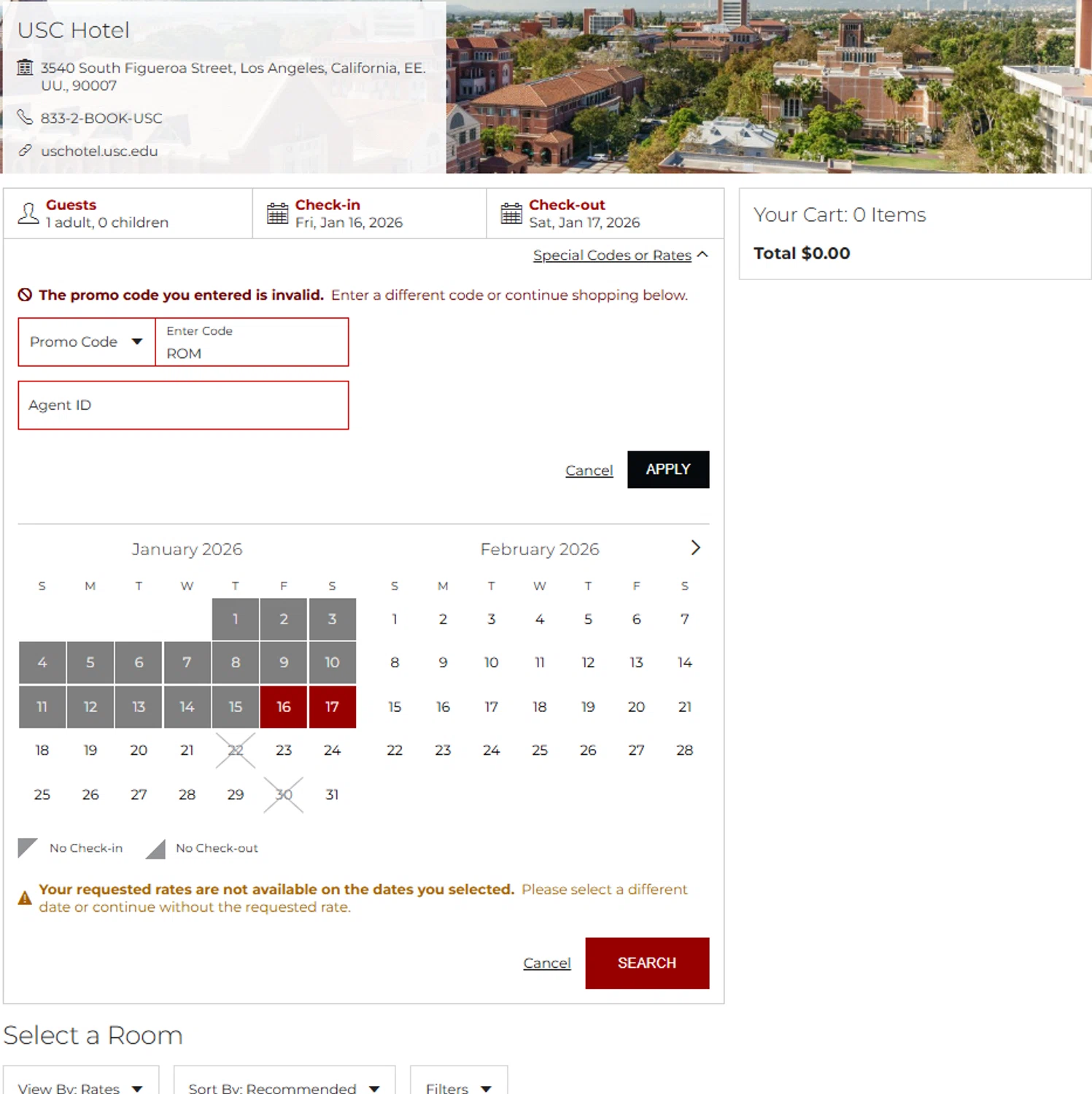 USC Hotel promo code screenshot showing code ROM applied at USC Hotel checkout page. Uploaded by SimplyCodes community member reggiesmith on Jan 16, 2026