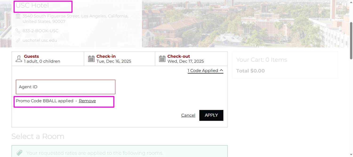 USC Hotel promo code screenshot showing code BBALL applied at USC Hotel checkout page. Uploaded by SimplyCodes community member mrdarcy on Oct 17, 2025