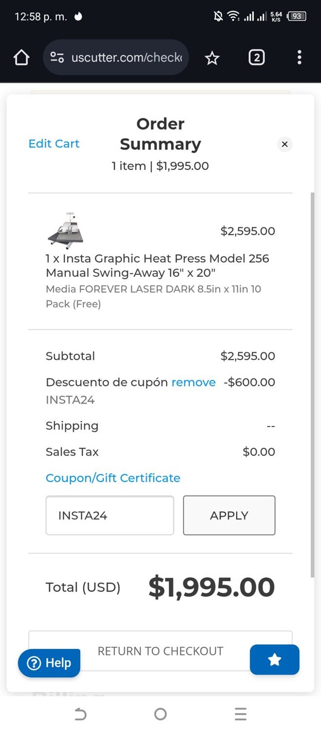 USCutter checkout page showing USCutter promo code box | Screenshot taken by SimplyCodes community member on Mar 21, 2025