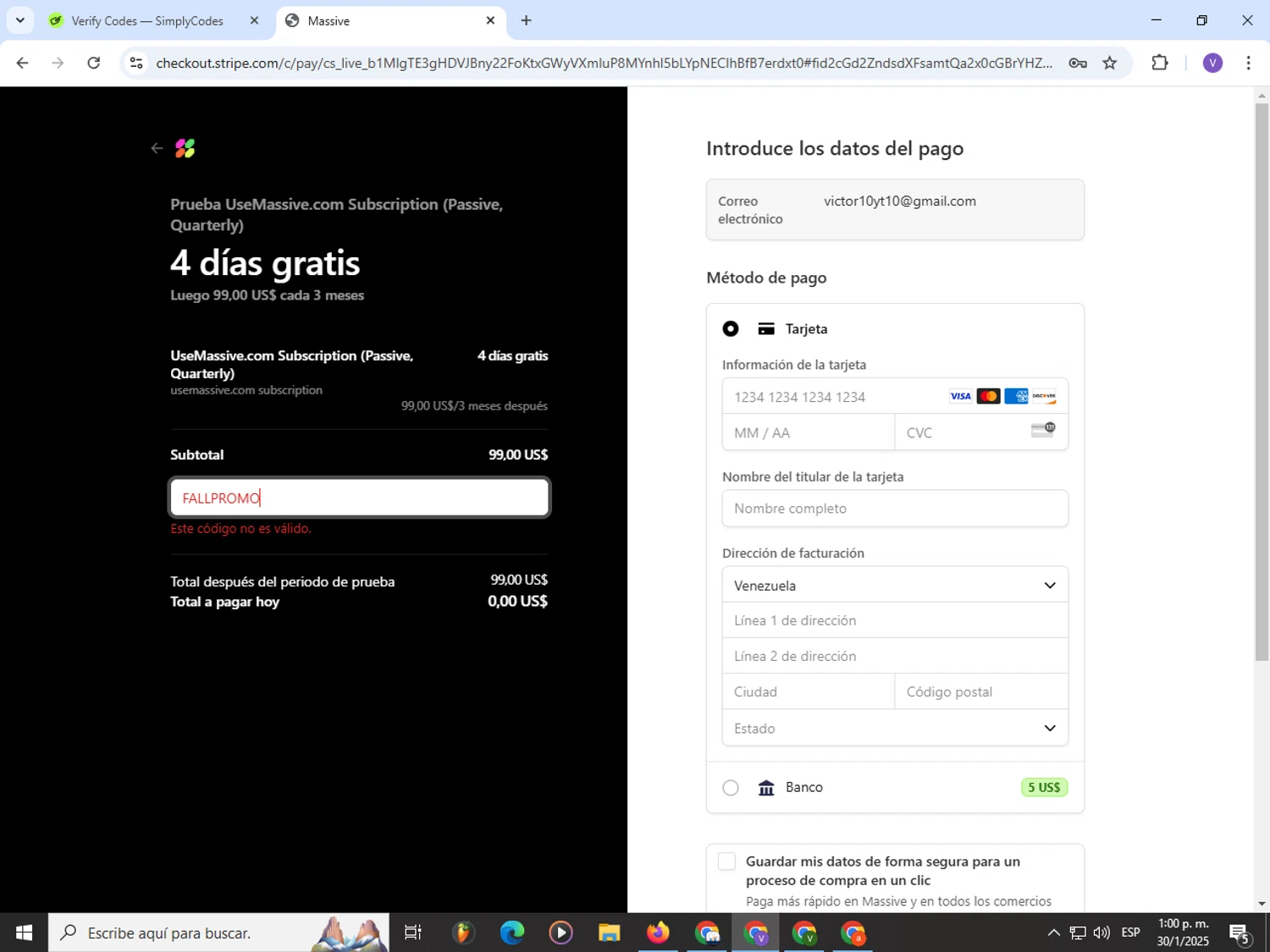 Massive promo code screenshot showing code FALLPROMO applied at Massive checkout page. Uploaded by SimplyCodes community member Satoru_gojo on Jan 30, 2025