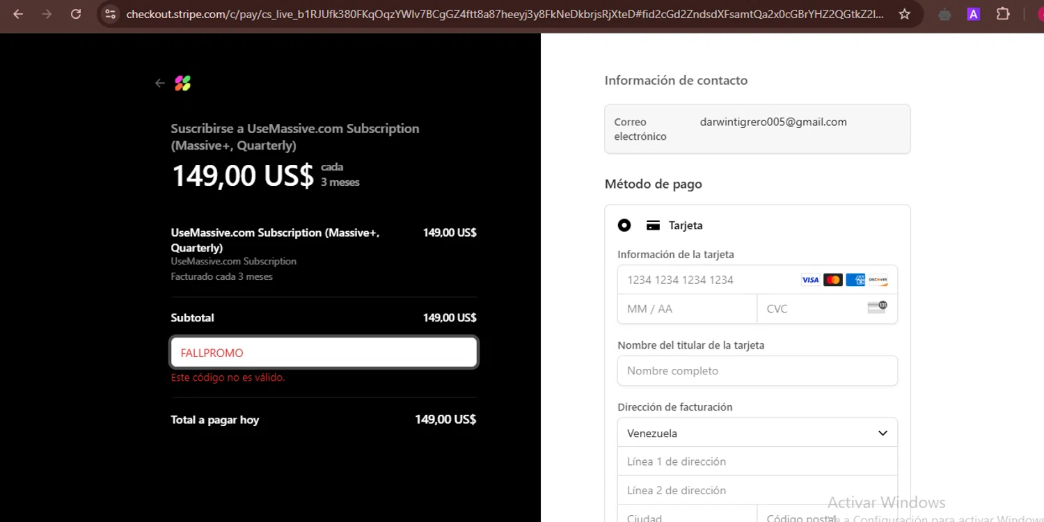 Massive promo code screenshot showing code FALLPROMO applied at Massive checkout page. Uploaded by SimplyCodes community member CleverNavigator9655 on Apr 12, 2025
