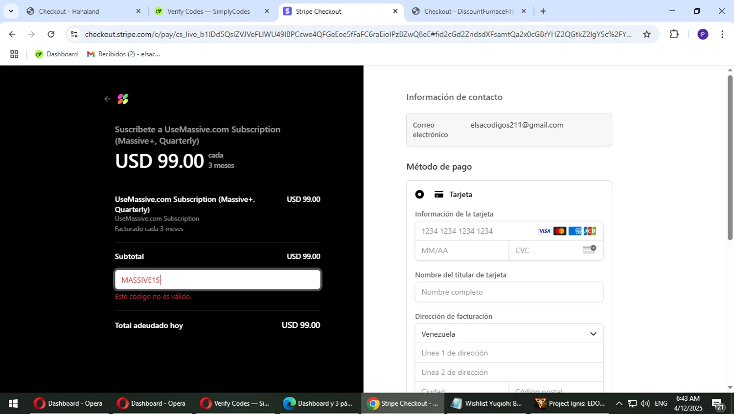 Massive promo code screenshot showing code MASSIVE15 applied at Massive checkout page. Uploaded by SimplyCodes community member Suicune on Apr 12, 2025