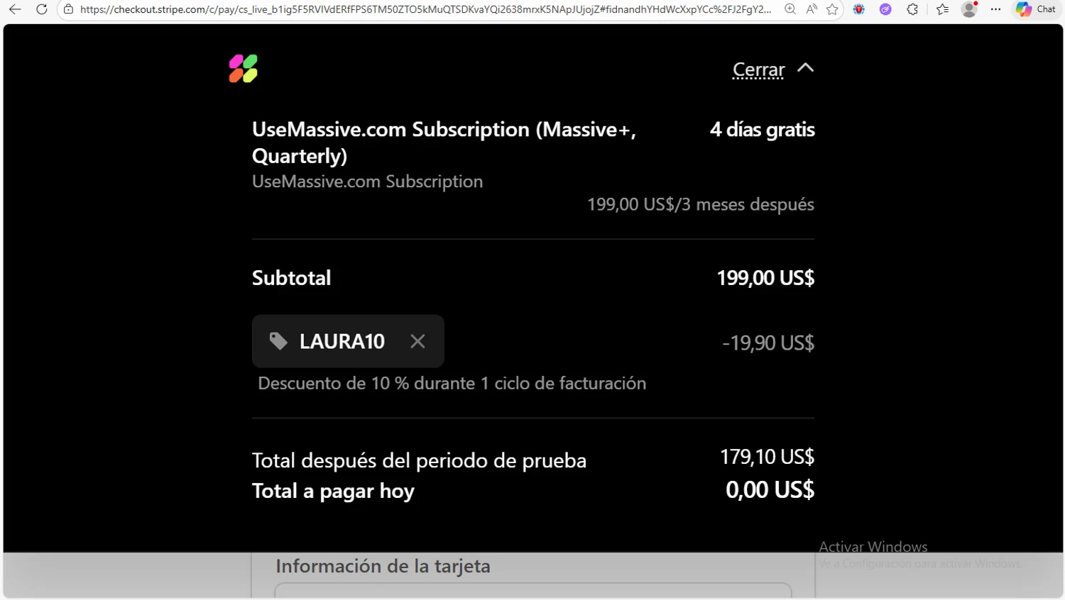 Massive promo code screenshot showing code LAURA10 applied at Massive checkout page. Uploaded by SimplyCodes community member Franco20 on Dec 19, 2025