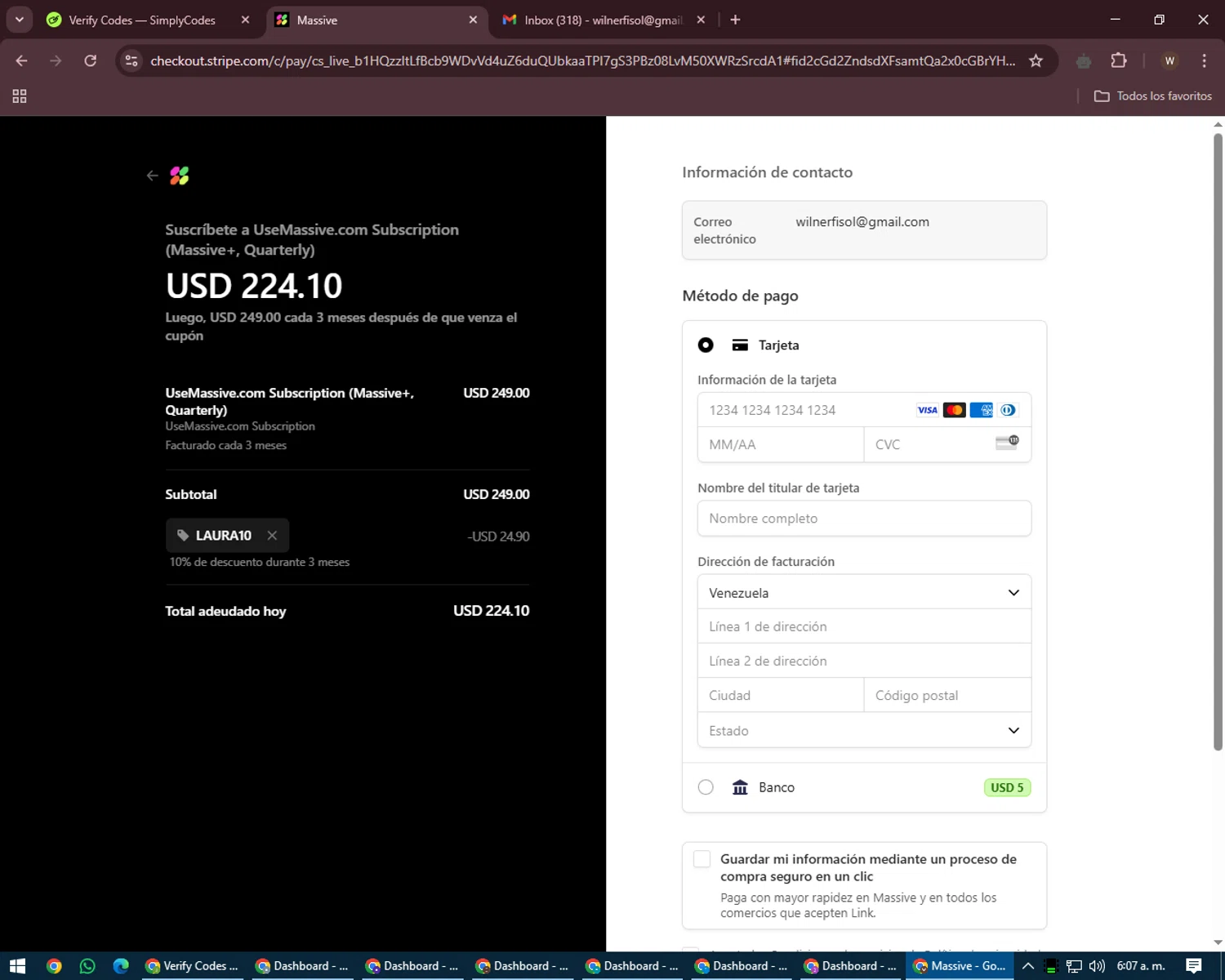 Massive promo code screenshot showing code LAURA10 applied at Massive checkout page. Uploaded by SimplyCodes community member DealMaestro2101 on Mar 27, 2025