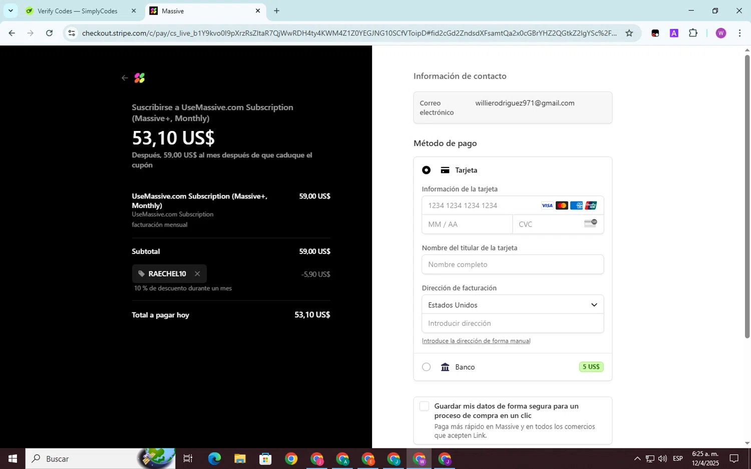 Massive promo code screenshot showing code RAECHEL10 applied at Massive checkout page. Uploaded by SimplyCodes community member SwiftScout6682 on Apr 12, 2025