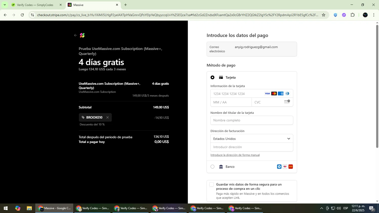 Massive promo code screenshot showing code BROOKE10 applied at Massive checkout page. Uploaded by SimplyCodes community member CarmenVGR on Jun 22, 2025