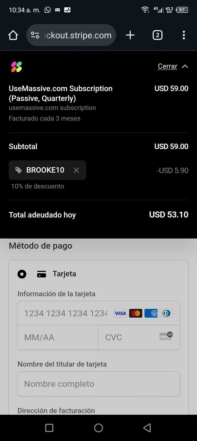 Massive promo code screenshot showing code BROOKE10 applied at Massive checkout page. Uploaded by SimplyCodes community member billgates0997923425561 on Jul 21, 2025