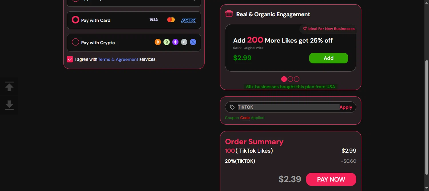 Useviral coupon code screenshot showing code TIKTOK applied at Useviral checkout page. Uploaded by SimplyCodes community member 111111 on Oct 12, 2025