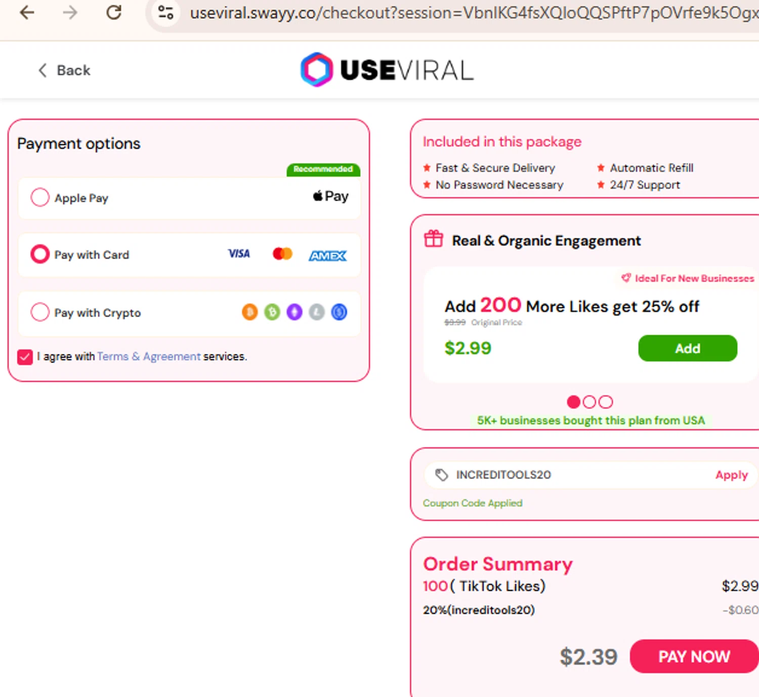 Useviral coupon code screenshot showing code INCREDITOOLS20 applied at Useviral checkout page. Uploaded by SimplyCodes community member BudgetLion5814 on Nov 18, 2025