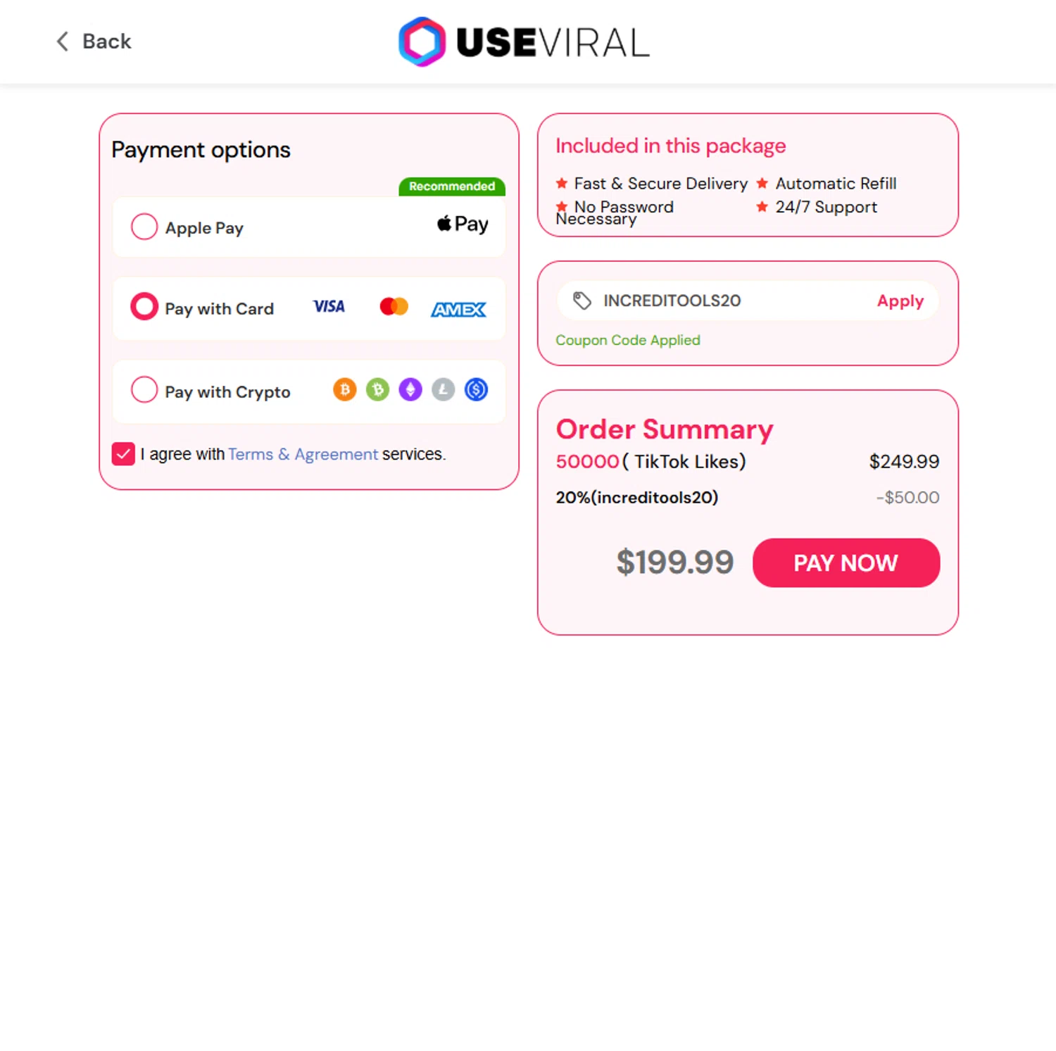 Useviral coupon code screenshot showing code INCREDITOOLS20 applied at Useviral checkout page. Uploaded by SimplyCodes community member Sadalsuud on Nov 10, 2025