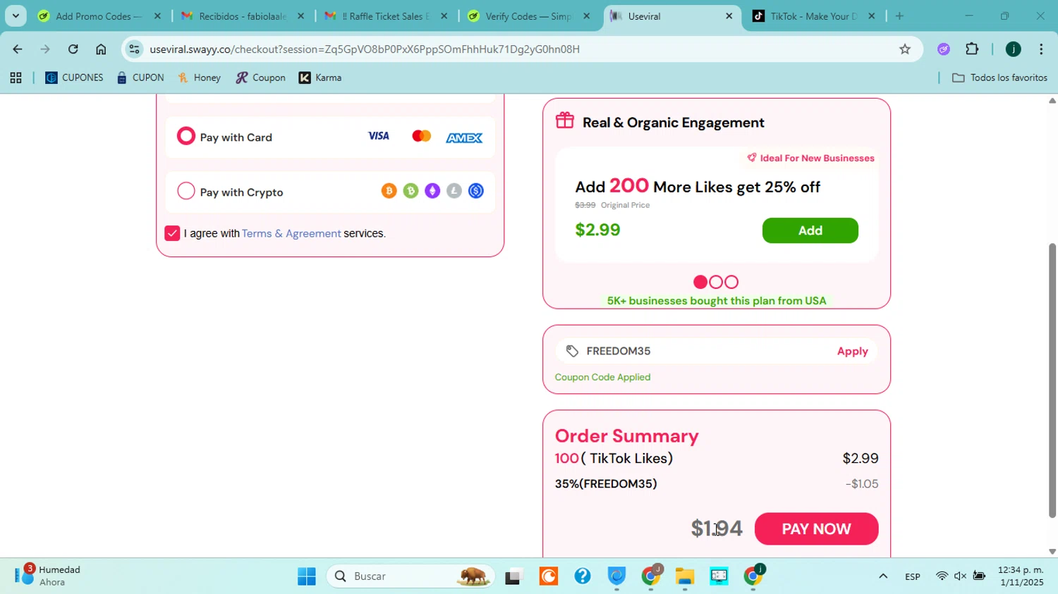 Useviral coupon code screenshot showing code FREEDOM35 applied at Useviral checkout page. Uploaded by SimplyCodes community member ABHF23 on Nov 1, 2025