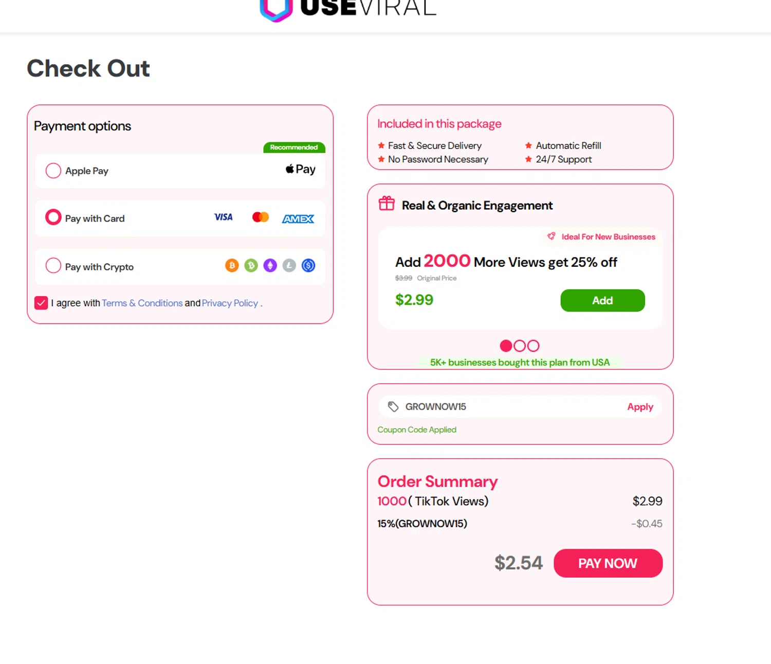 Useviral coupon code screenshot showing code GROWNOW15 applied at Useviral checkout page. Uploaded by SimplyCodes community member Billyyou on Dec 26, 2025
