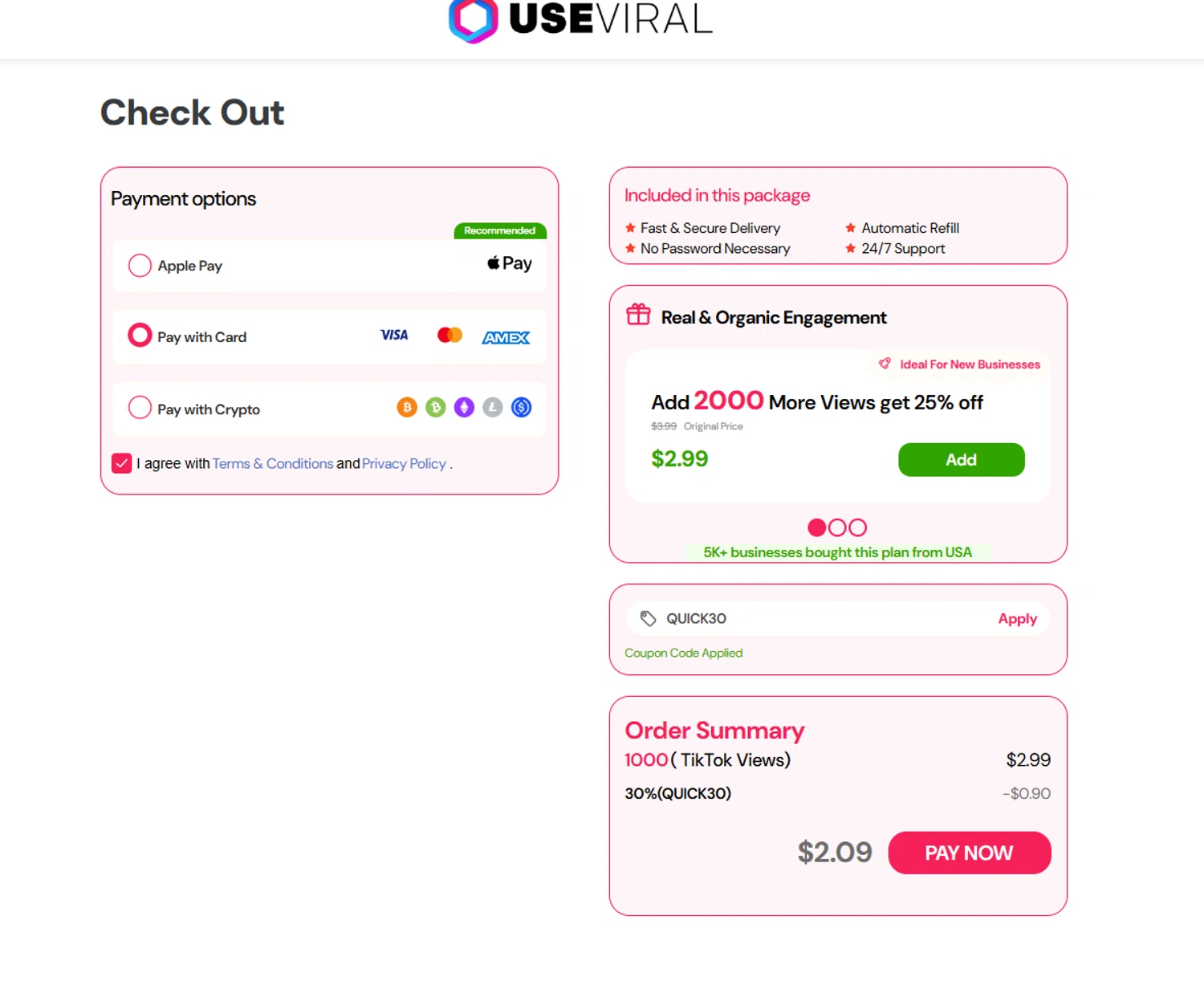Useviral coupon code screenshot showing code QUICK30 applied at Useviral checkout page. Uploaded by SimplyCodes community member Halanweik on Dec 26, 2025