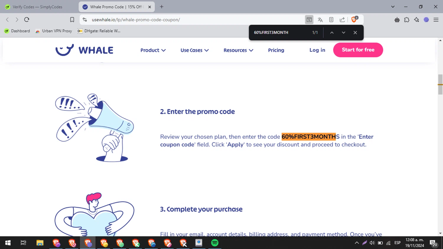 WHALE checkout page showing WHALE promo code box | Screenshot taken by SimplyCodes community member on Nov 19, 2024