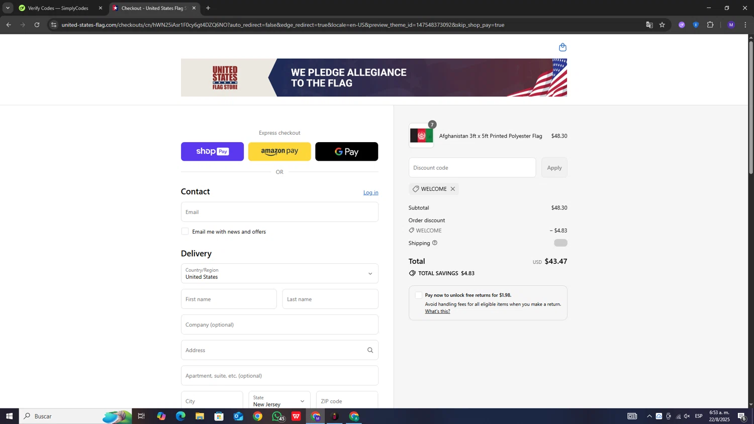 United States Flag Store coupon code screenshot showing code welcome applied at United States Flag Store checkout page. Uploaded by SimplyCodes community member simplyyycodeess on Aug 22, 2025