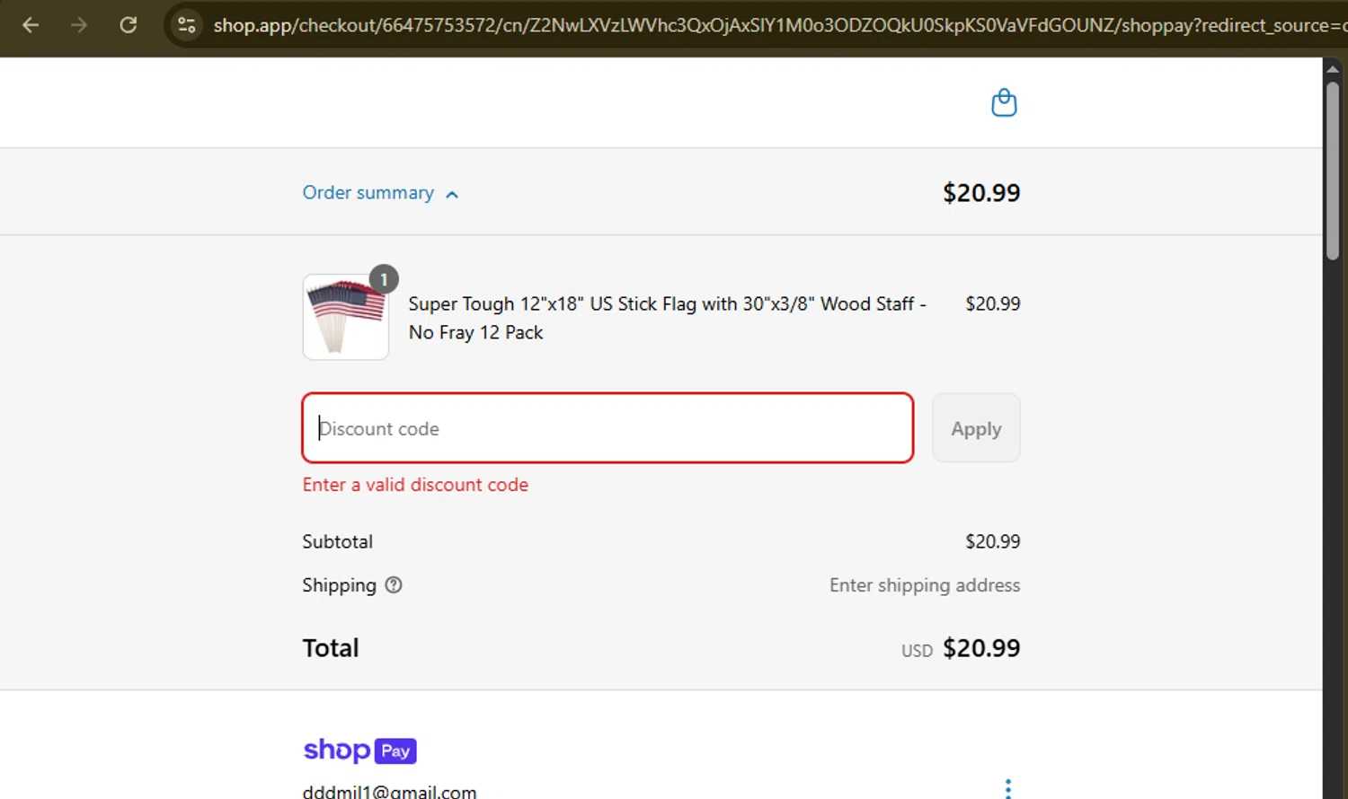 United States Flag Store coupon code screenshot showing code WASHINGTON applied at United States Flag Store checkout page. Uploaded by SimplyCodes community member PennyAdmiral6960 on May 13, 2025