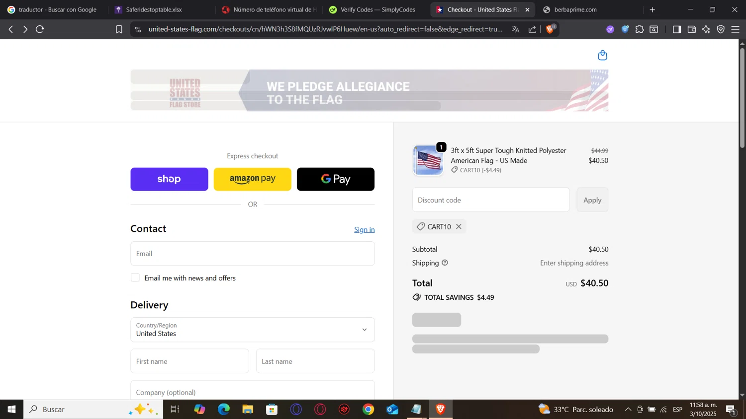 United States Flag Store coupon code screenshot showing code CART10 applied at United States Flag Store checkout page. Uploaded by SimplyCodes community member MightyOwl9591 on Oct 3, 2025
