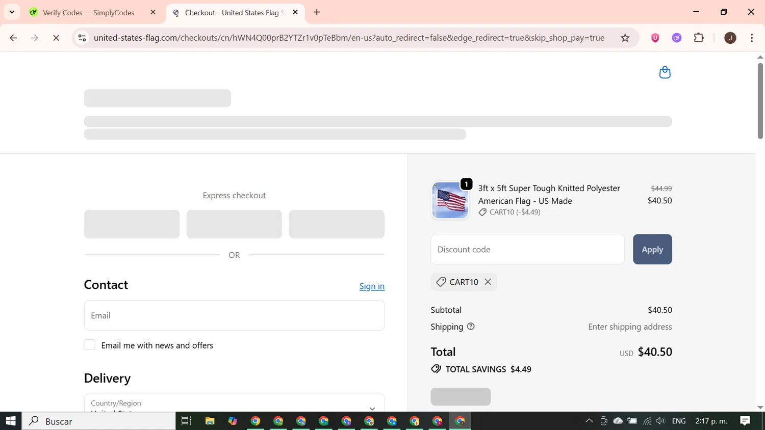 United States Flag Store coupon code screenshot showing code CART10 applied at United States Flag Store checkout page. Uploaded by SimplyCodes community member PrimeGenius2371 on Oct 22, 2025