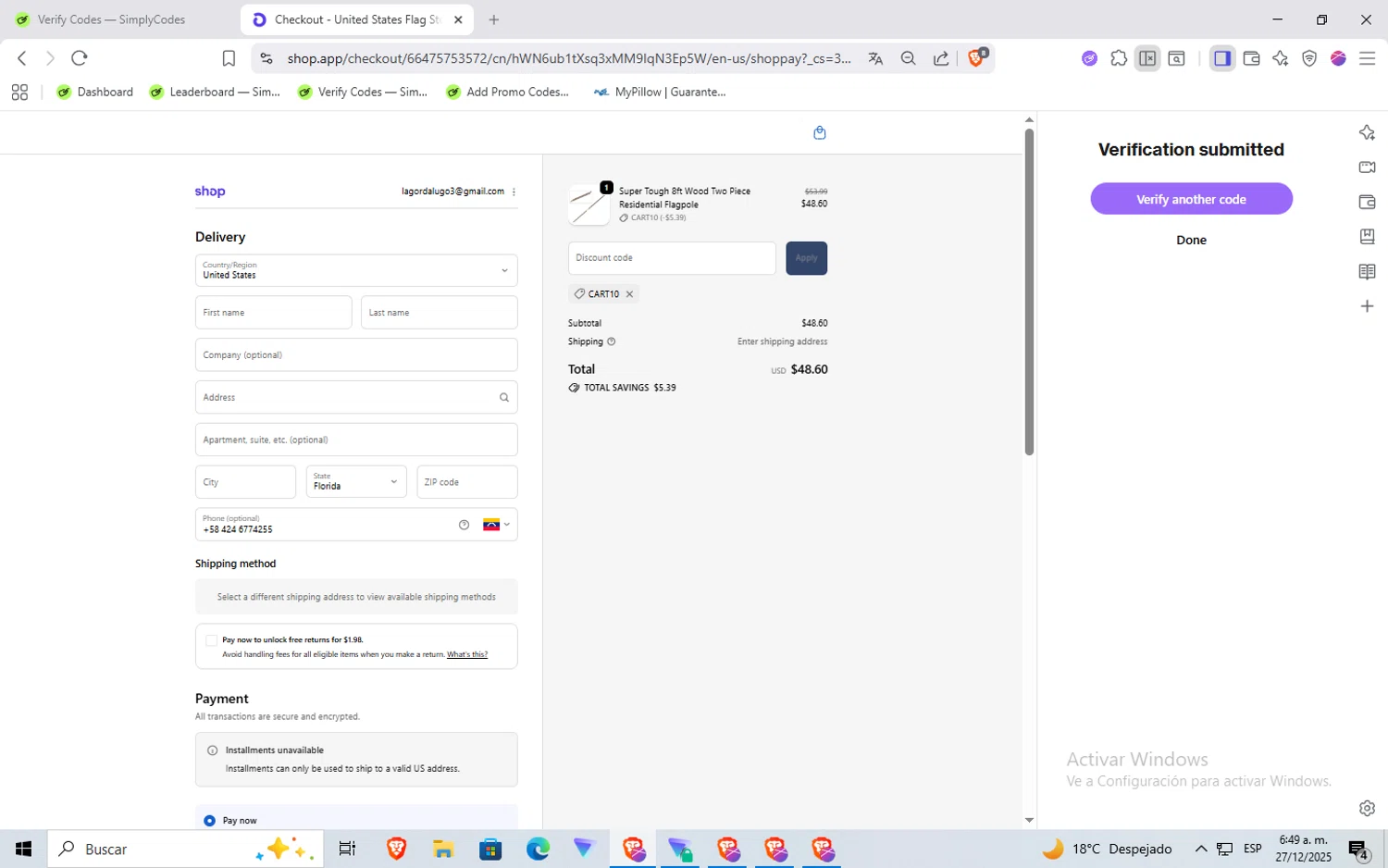 United States Flag Store coupon code screenshot showing code CART10 applied at United States Flag Store checkout page. Uploaded by SimplyCodes community member Rayyyyyy on Dec 27, 2025
