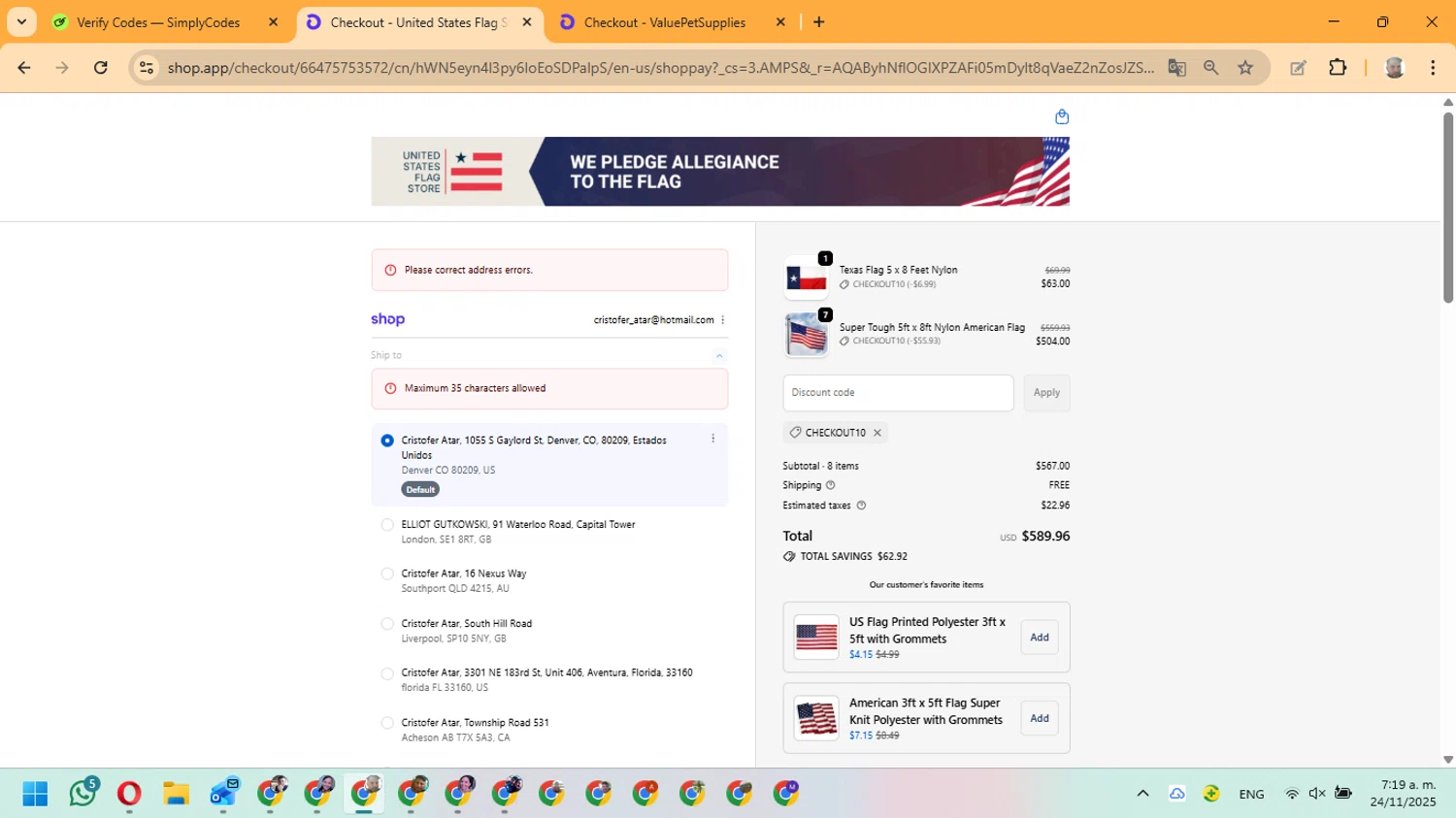 United States Flag Store coupon code screenshot showing code CHECKOUT10 applied at United States Flag Store checkout page. Uploaded by SimplyCodes community member ManuelF on Nov 24, 2025