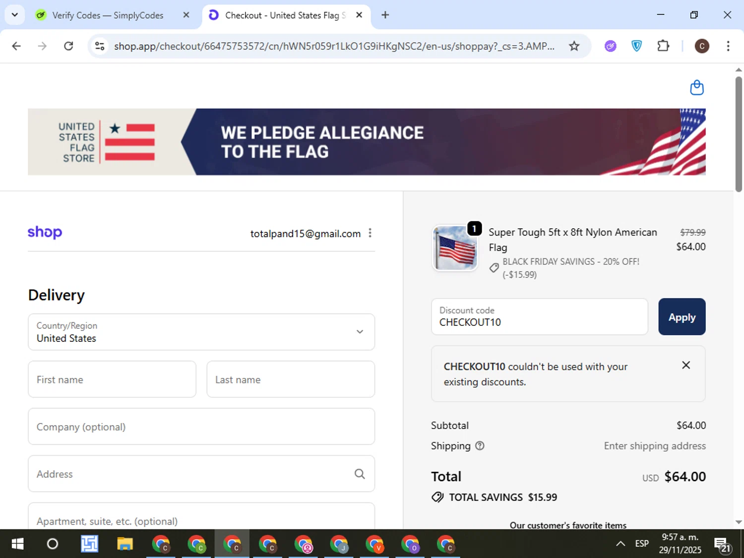 United States Flag Store coupon code screenshot showing code CHECKOUT10 applied at United States Flag Store checkout page. Uploaded by SimplyCodes community member TreasureFox8596 on Nov 29, 2025