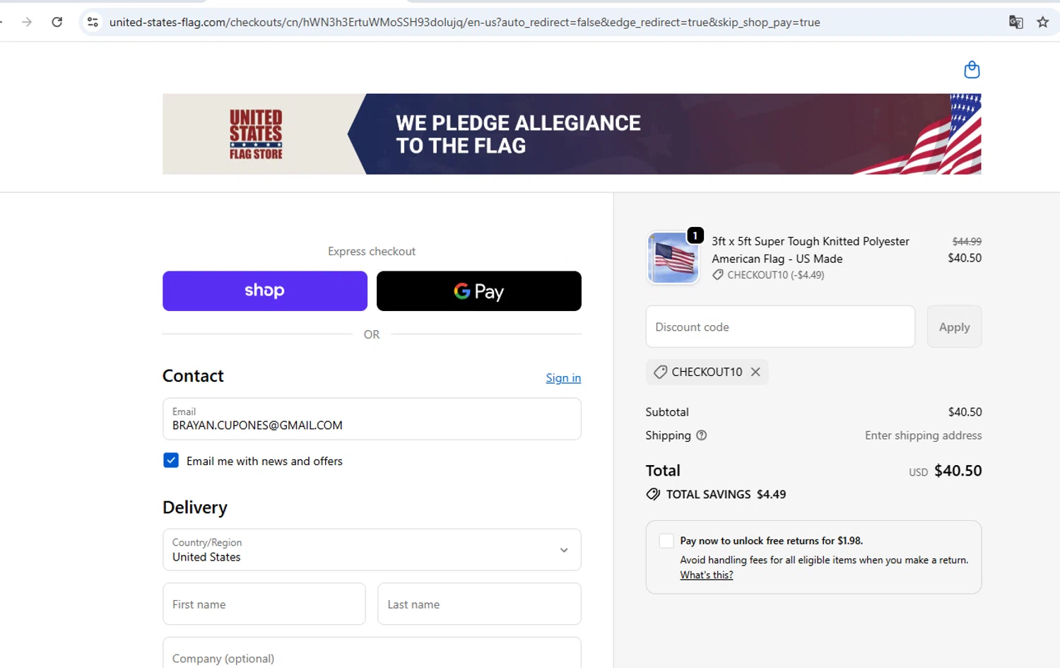 United States Flag Store coupon code screenshot showing code CHECKOUT10 applied at United States Flag Store checkout page. Uploaded by SimplyCodes community member BB9542251456527 on Oct 4, 2025