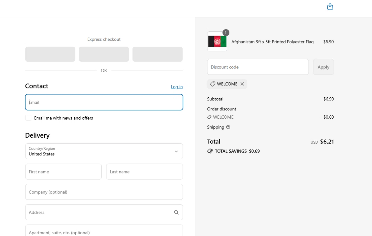 United States Flag Store coupon code screenshot showing code welcome applied at United States Flag Store checkout page. Uploaded by SimplyCodes community member Westcoll on Jul 3, 2025