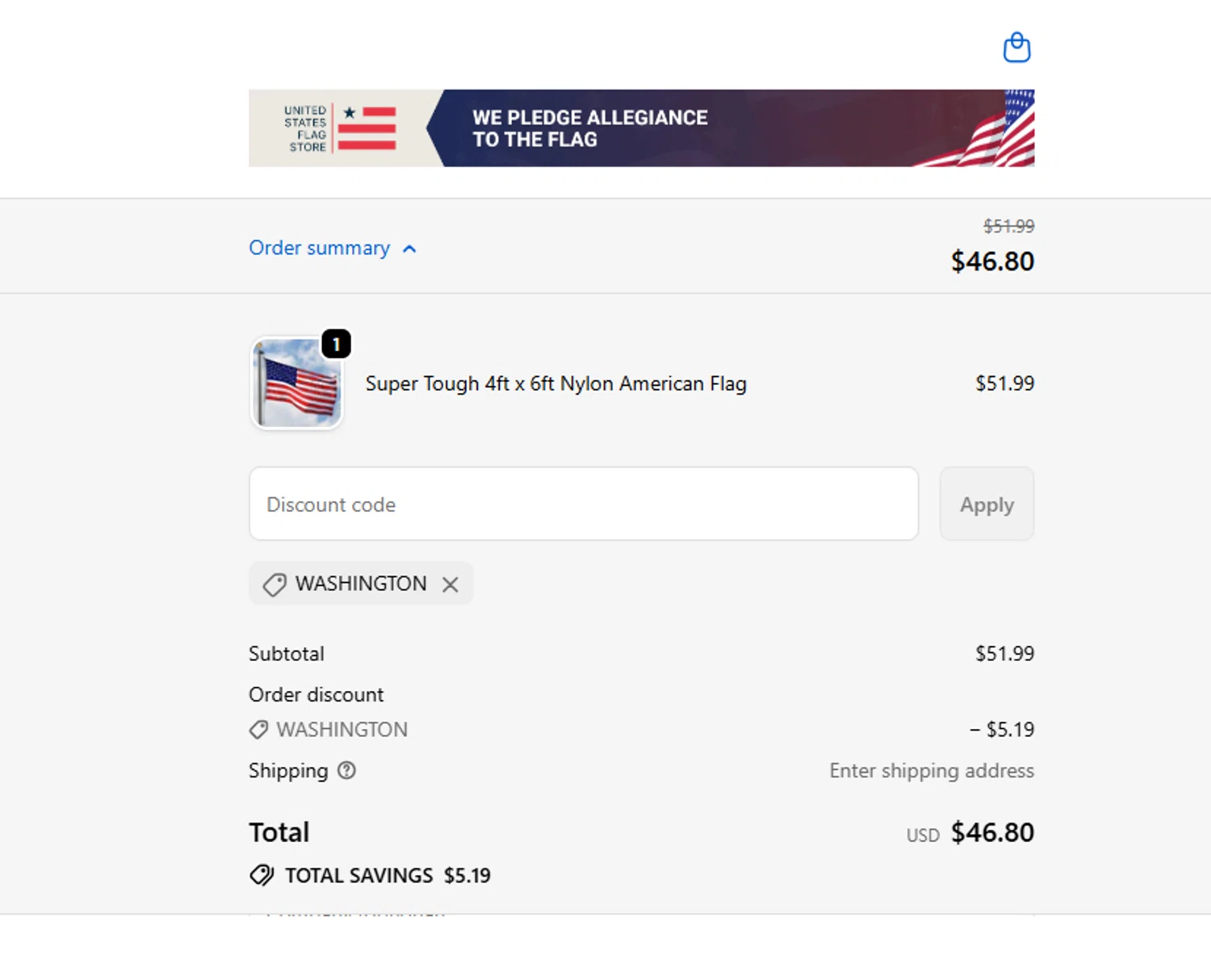 United States Flag Store coupon code screenshot showing code WASHINGTON applied at United States Flag Store checkout page. Uploaded by SimplyCodes community member ashe1986 on Dec 4, 2025