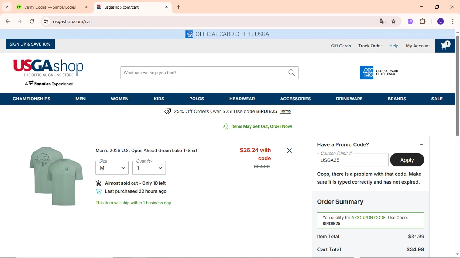 USGA Merchandise promo code screenshot showing code USGA25 applied at USGA Merchandise checkout page. Uploaded by SimplyCodes community member EpicWarden3081 on Nov 13, 2025