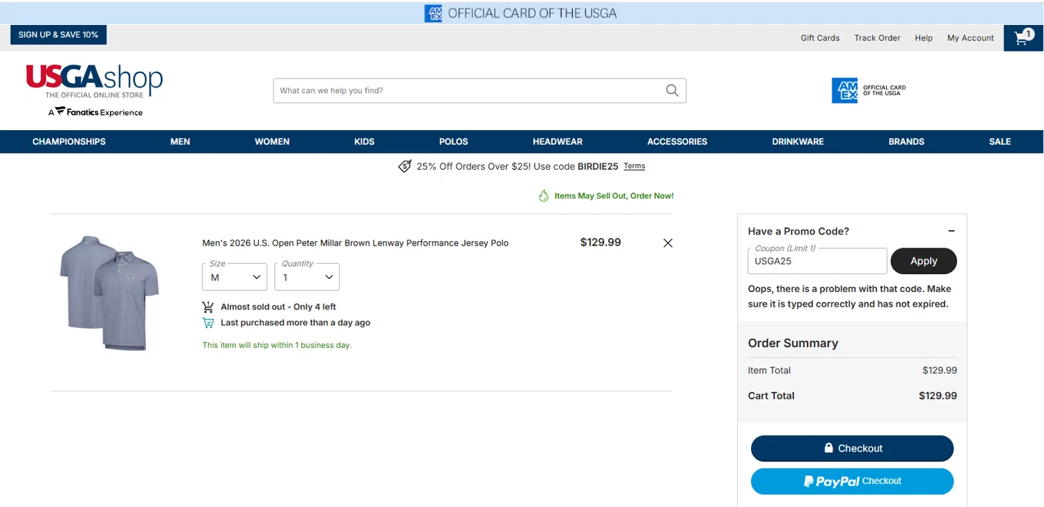 USGA Merchandise promo code screenshot showing code USGA25 applied at USGA Merchandise checkout page. Uploaded by SimplyCodes community member dimitriv on Nov 13, 2025