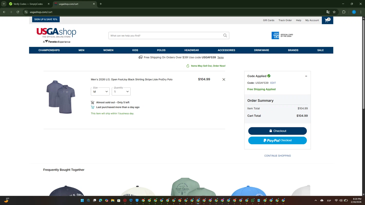USGA Merchandise promo code screenshot showing code USGAFS39 applied at USGA Merchandise checkout page. Uploaded by SimplyCodes community member RewardVoyager146 on Feb 19, 2026