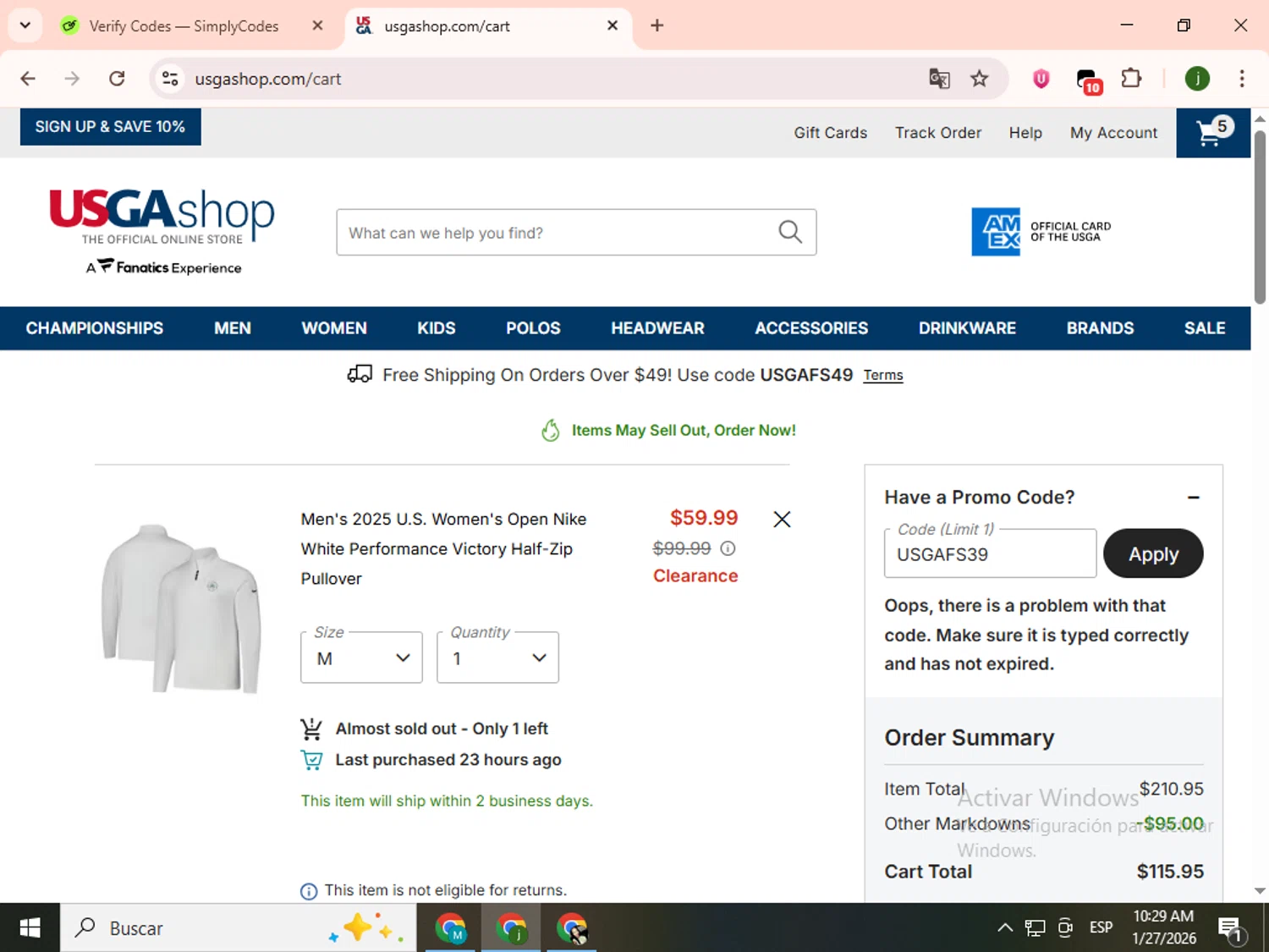 USGA Merchandise promo code screenshot showing code USGAFS39 applied at USGA Merchandise checkout page. Uploaded by SimplyCodes community member SavingsCollector2592 on Jan 27, 2026