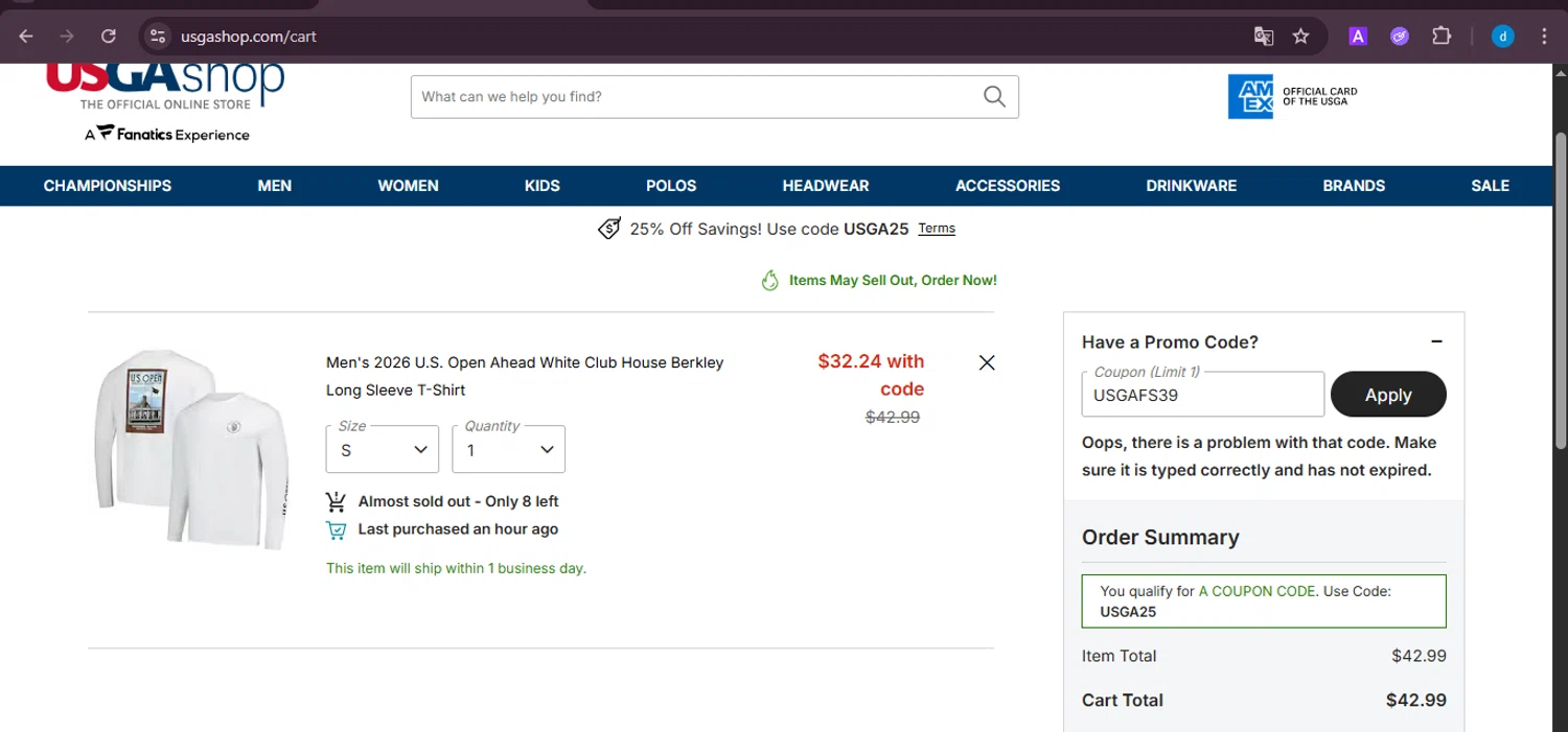 USGA Merchandise promo code screenshot showing code USGAFS39 applied at USGA Merchandise checkout page. Uploaded by SimplyCodes community member ShieldKnight4744 on Oct 23, 2025