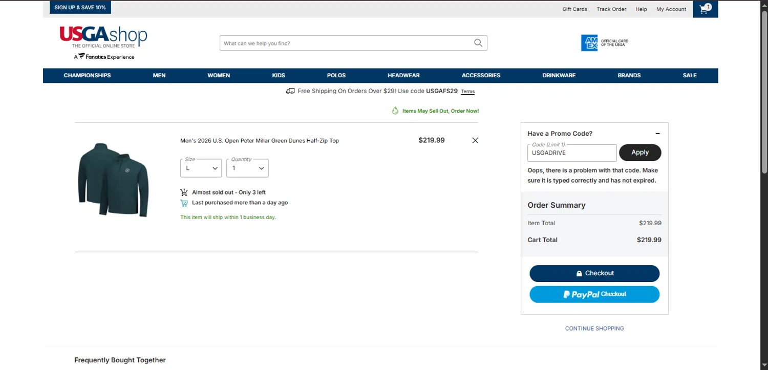 USGA Merchandise promo code screenshot showing code usgadrive applied at USGA Merchandise checkout page. Uploaded by SimplyCodes community member DealSleuth3125 on Jan 20, 2026