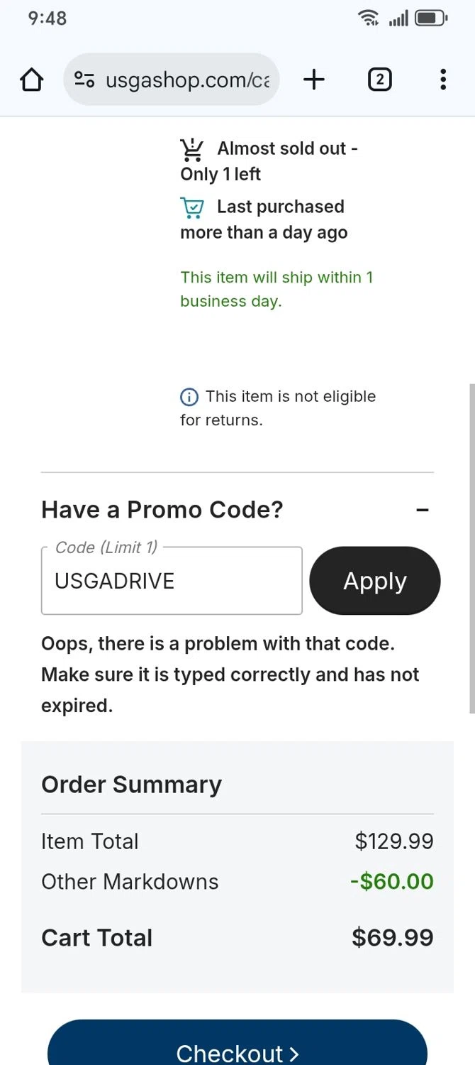 USGA Merchandise promo code screenshot showing code usgadrive applied at USGA Merchandise checkout page. Uploaded by SimplyCodes community member franksanchez on Jan 20, 2026