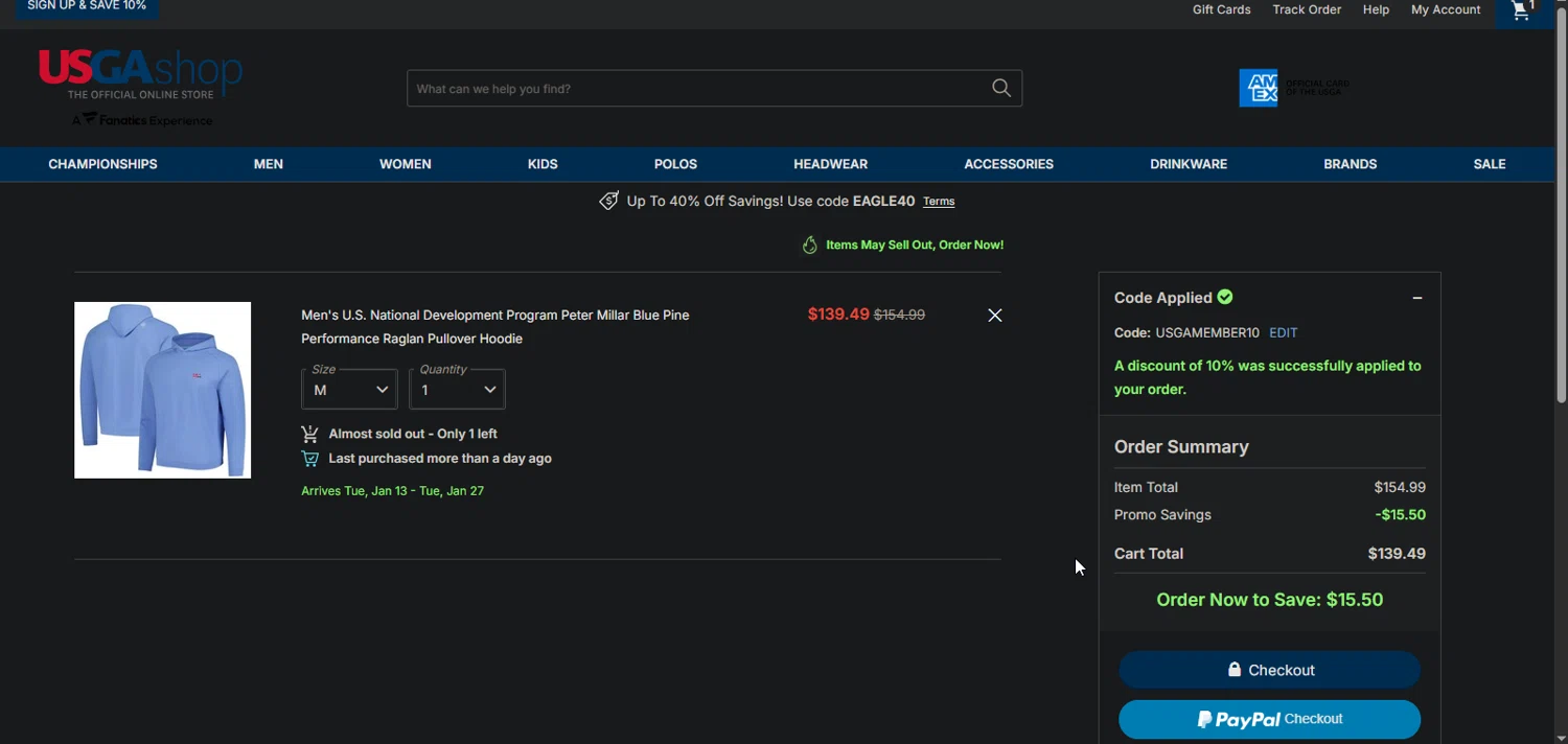 USGA Merchandise promo code screenshot showing code USGAMEMBER10 applied at USGA Merchandise checkout page. Uploaded by SimplyCodes community member Nor_man on Dec 28, 2025