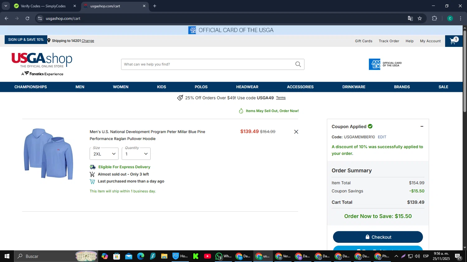 USGA Merchandise promo code screenshot showing code USGAMEMBER10 applied at USGA Merchandise checkout page. Uploaded by SimplyCodes community member PromoScout874 on Nov 25, 2025