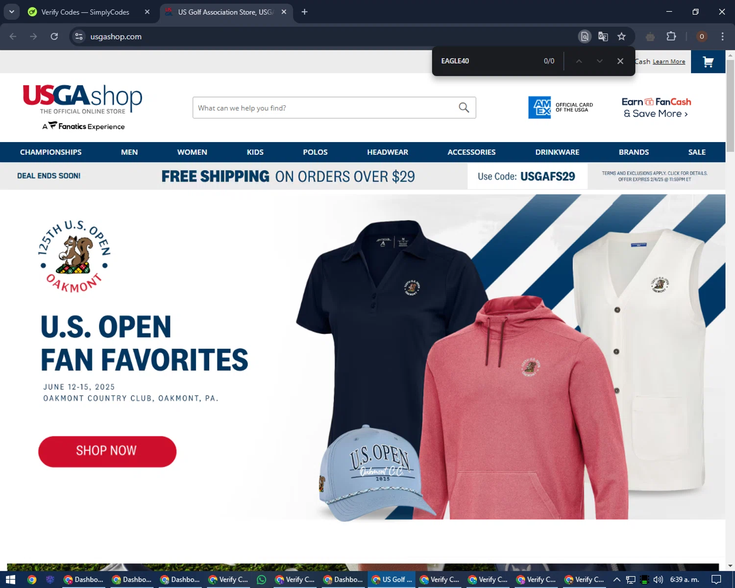 USGA Merchandise promo code screenshot showing code EAGLE40 applied at USGA Merchandise checkout page. Uploaded by SimplyCodes community member Legendar on Feb 4, 2025