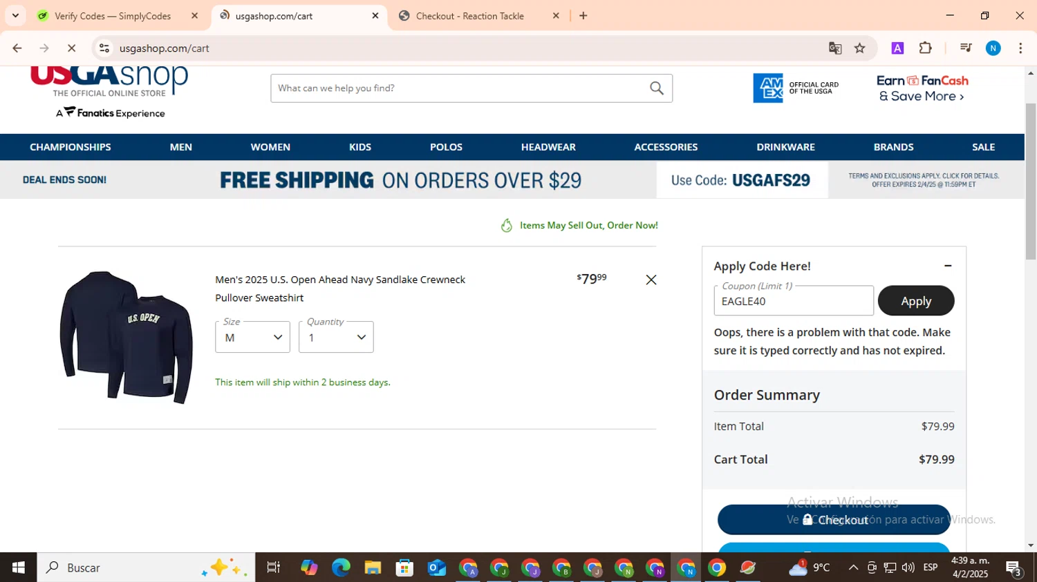 USGA Merchandise promo code screenshot showing code EAGLE40 applied at USGA Merchandise checkout page. Uploaded by SimplyCodes community member CoinHawk678 on Feb 4, 2025