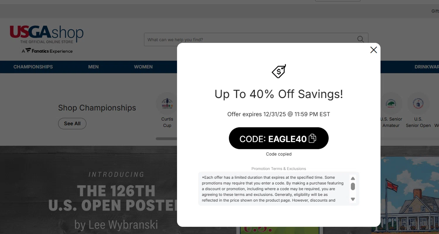 USGA Merchandise promo code screenshot showing code EAGLE40 applied at USGA Merchandise checkout page. Uploaded by SimplyCodes community member DORIANGEL on Dec 22, 2025