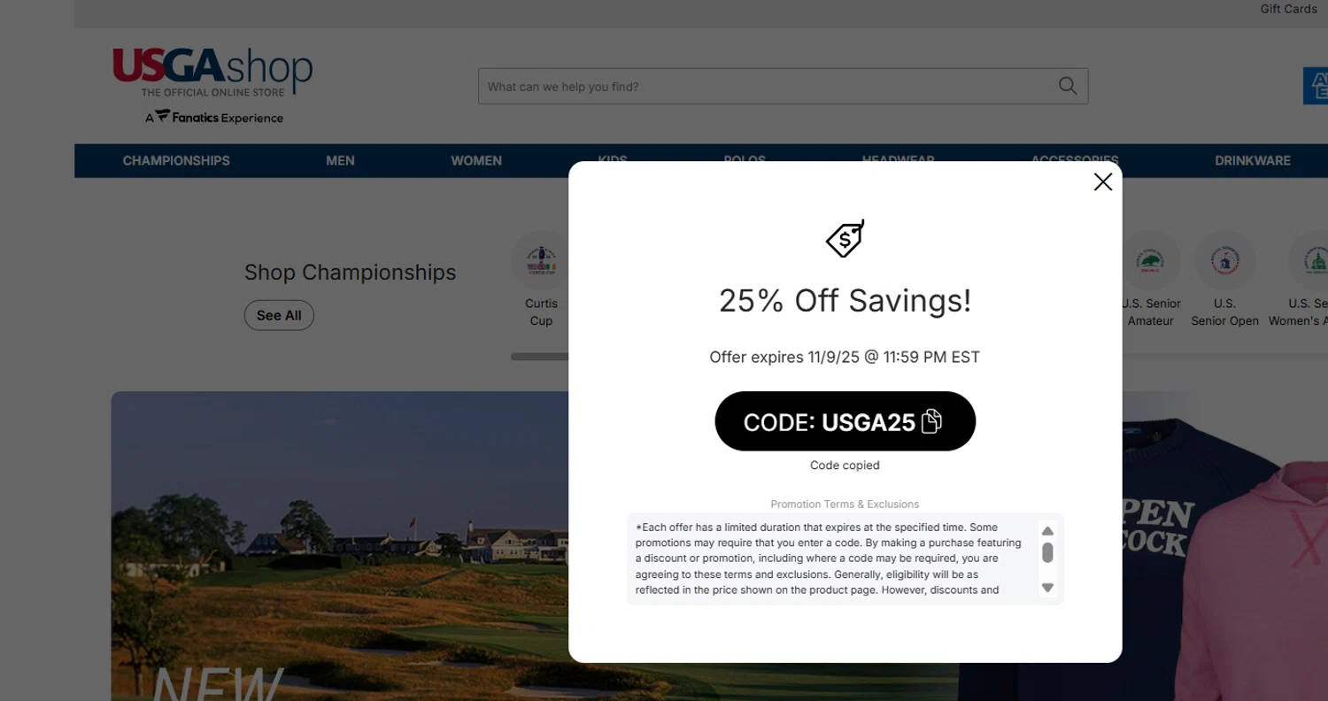 USGA Merchandise promo code screenshot showing code USGA25 applied at USGA Merchandise checkout page. Uploaded by SimplyCodes community member Aressss on Nov 7, 2025