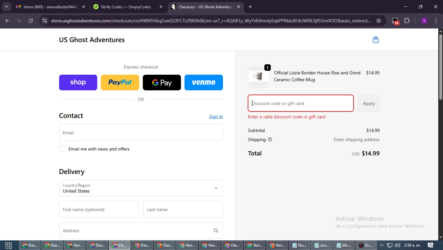 US Ghost Adventures promo code screenshot showing code VIBES10 applied at US Ghost Adventures checkout page. Uploaded by SimplyCodes community member ShieldWarden7838 on Nov 20, 2025