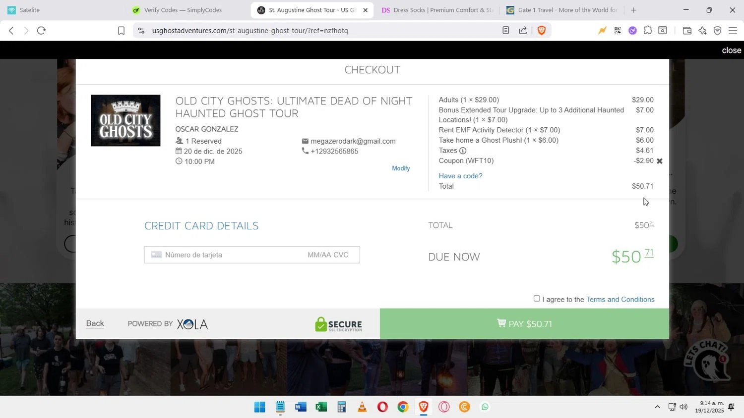 US Ghost Adventures promo code screenshot showing code WFT10 applied at US Ghost Adventures checkout page. Uploaded by SimplyCodes community member Darkosukaru on Dec 19, 2025