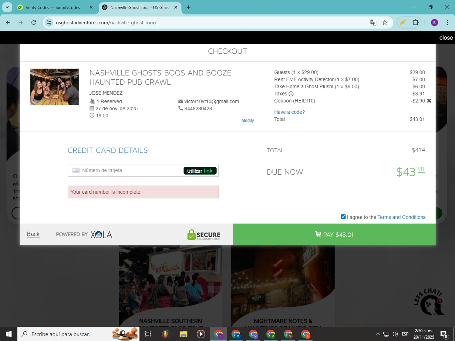 US Ghost Adventures promo code screenshot showing code Heidi10 applied at US Ghost Adventures checkout page. Uploaded by SimplyCodes community member Soyvictor on Nov 20, 2025