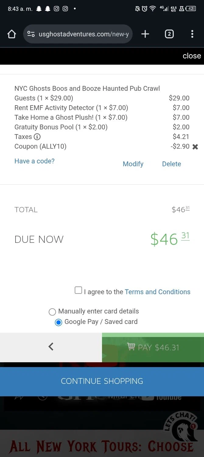 US Ghost Adventures checkout page showing US Ghost Adventures promo code box | Screenshot taken by SimplyCodes community member on Jan 17, 2026