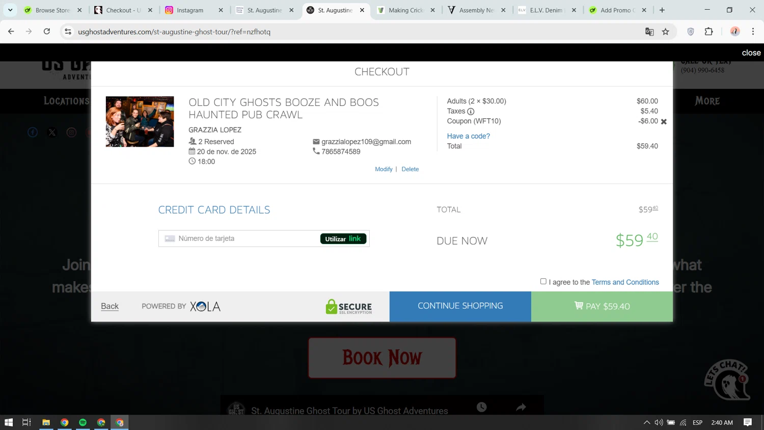 US Ghost Adventures promo code screenshot showing code WFT10 applied at US Ghost Adventures checkout page. Uploaded by SimplyCodes community member yokoono10 on Nov 20, 2025